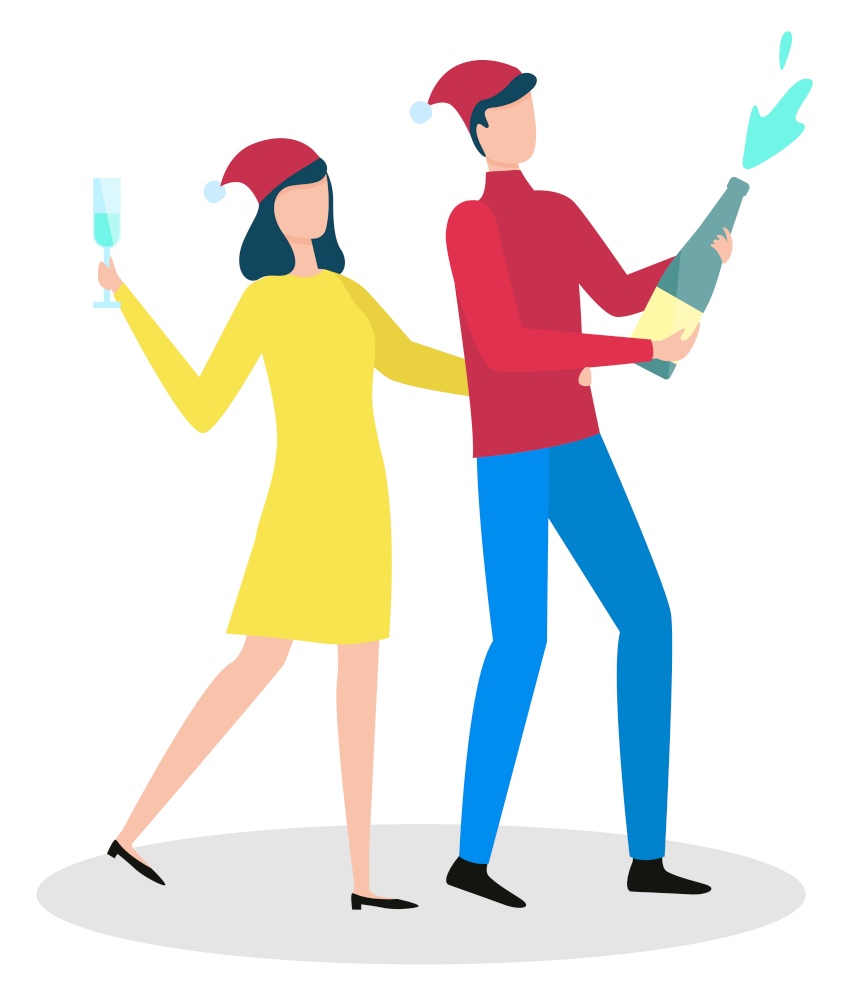 People celebrating winter holidays together vector. Isolated characters wearing santa claus hats partying and having fun. Man uncorking champagne bottle and woman holding glass with alcohol drink. Man and Woman Drinking Champagne on Christmas