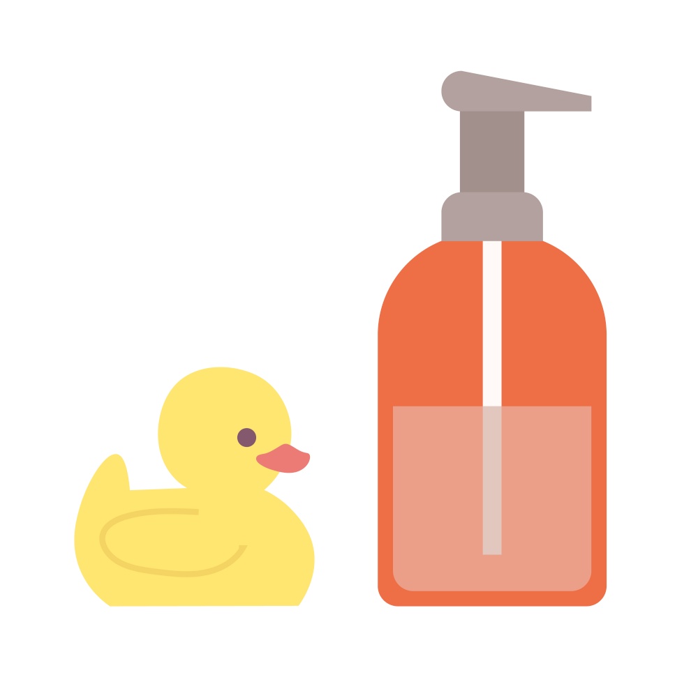 Childish toy and bottle with liquid vector, isolated lotion for bathing and washing baby and rubber yellow duck with red beak, soap shampoo solution. Rubber Duck Toy and Lotion in Bottle Hygiene Care