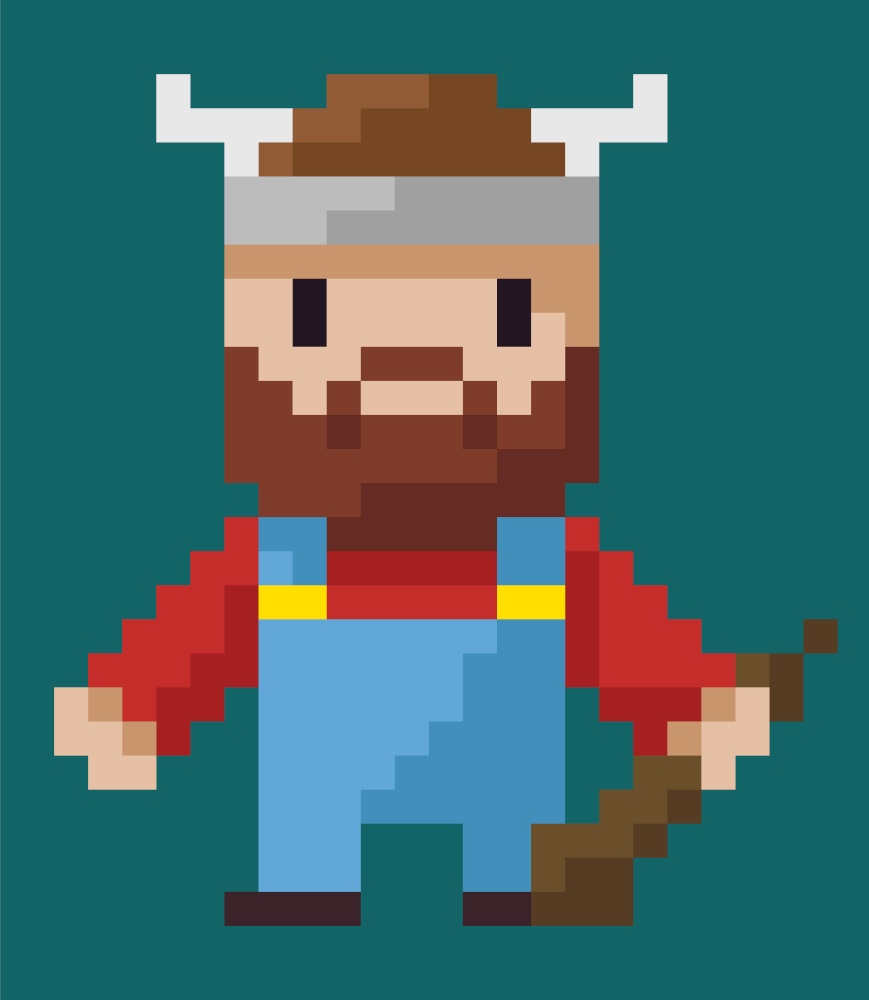 Pixel art character vector, isolated viking holding weapon made of wood flat style icon from 8bit games, horns on hat, bearded male from Norway barbarian. Pixelated superhero for app or video game. Viking Character with Weapon and Horned Hat Pixel