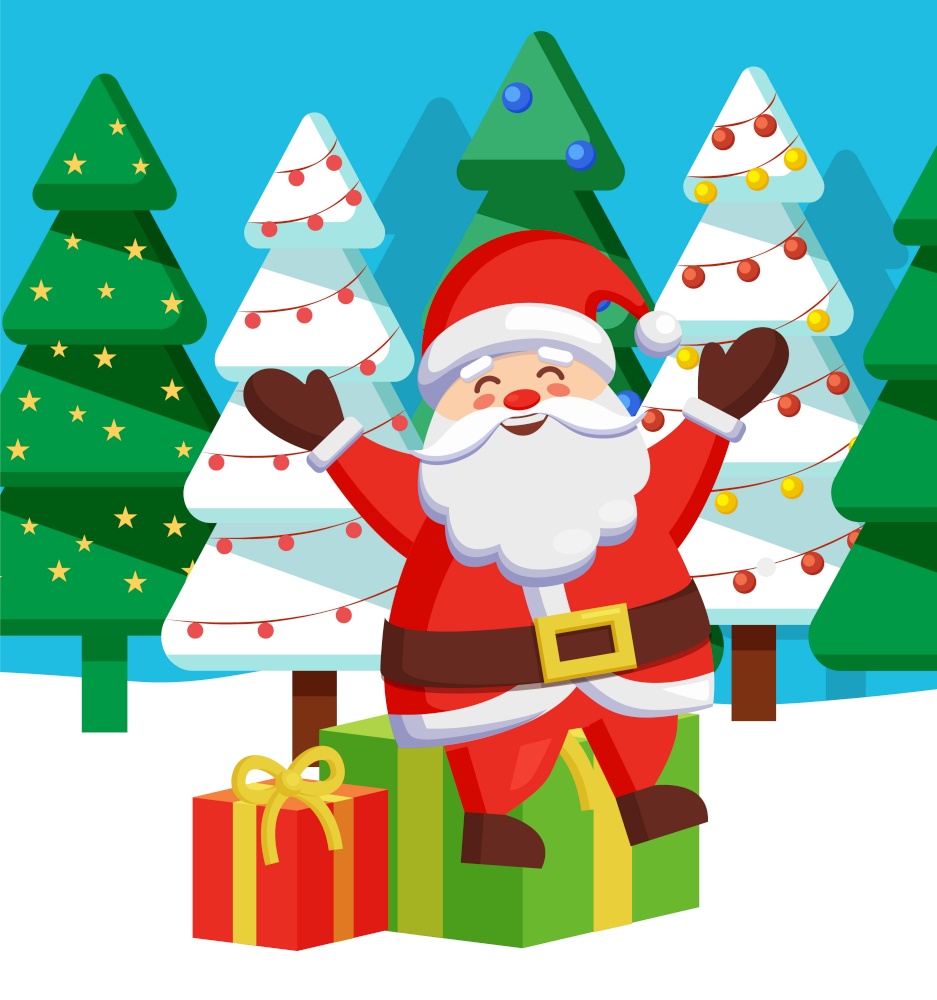 Christmas holidays, seasonal events in winter. Happy Santa Claus greeting and gesturing. Presents in boxes on snowy ground. Pine with garlands and baubles, xmas mood celebration greeting card vector. Happy Christmas Holidays, Santa Claus with Gifts
