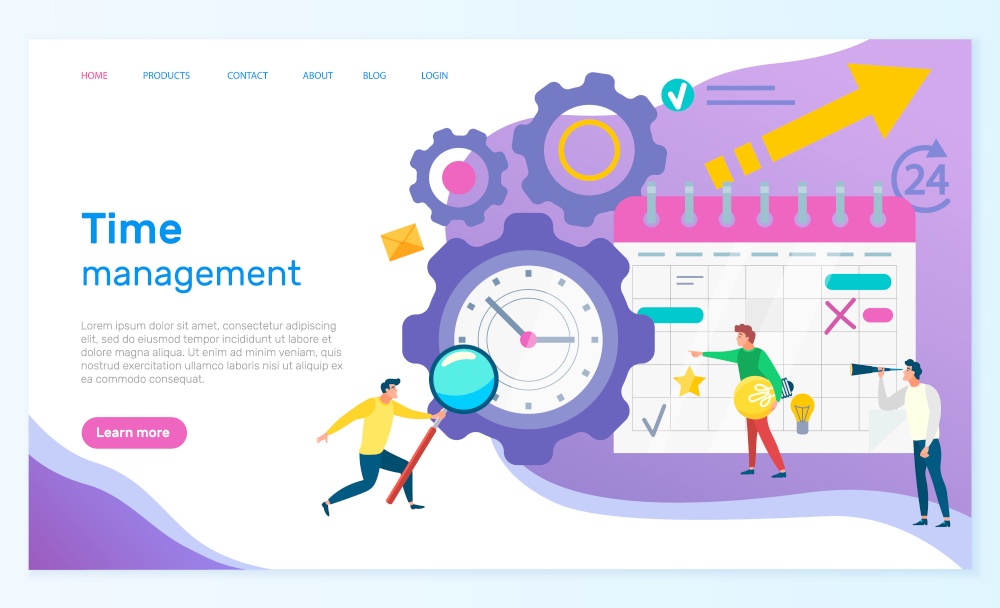Time management and organization of working space vector, people with tools and instruments for productivity increasing. Business worker. Website or webpage template, landing page flat style. Time Management People with Calendar Schedule