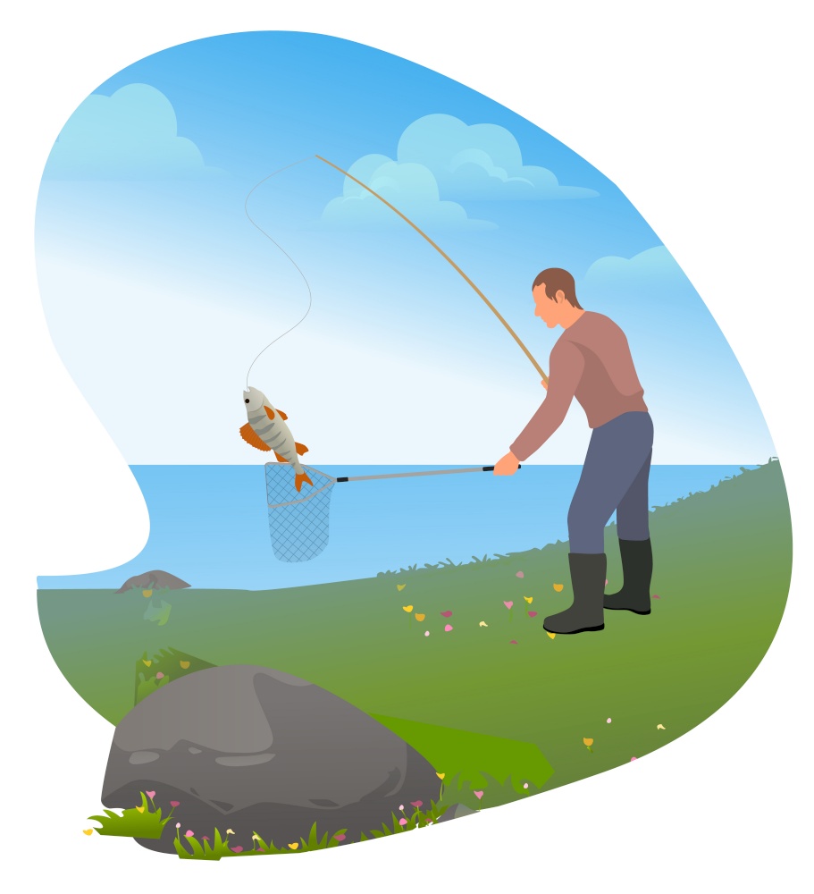 Man just caught fish called luce or pike. Person fishing on lake or river. Male do his favorite hobby on nature. Human standing in black boots and with rod. Vector illustration in flat style. Man with Rod Fishing on Lake, Hobby on Nature