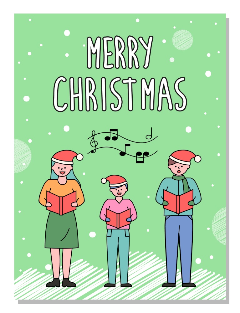 Family greeting with traditional winter holiday called xmas. White vector caption Merry Christmas on green background with people, postcard. Mother, father and child holding boxes with presents. Family Greet with Christmas, Merry Xmas Postcard