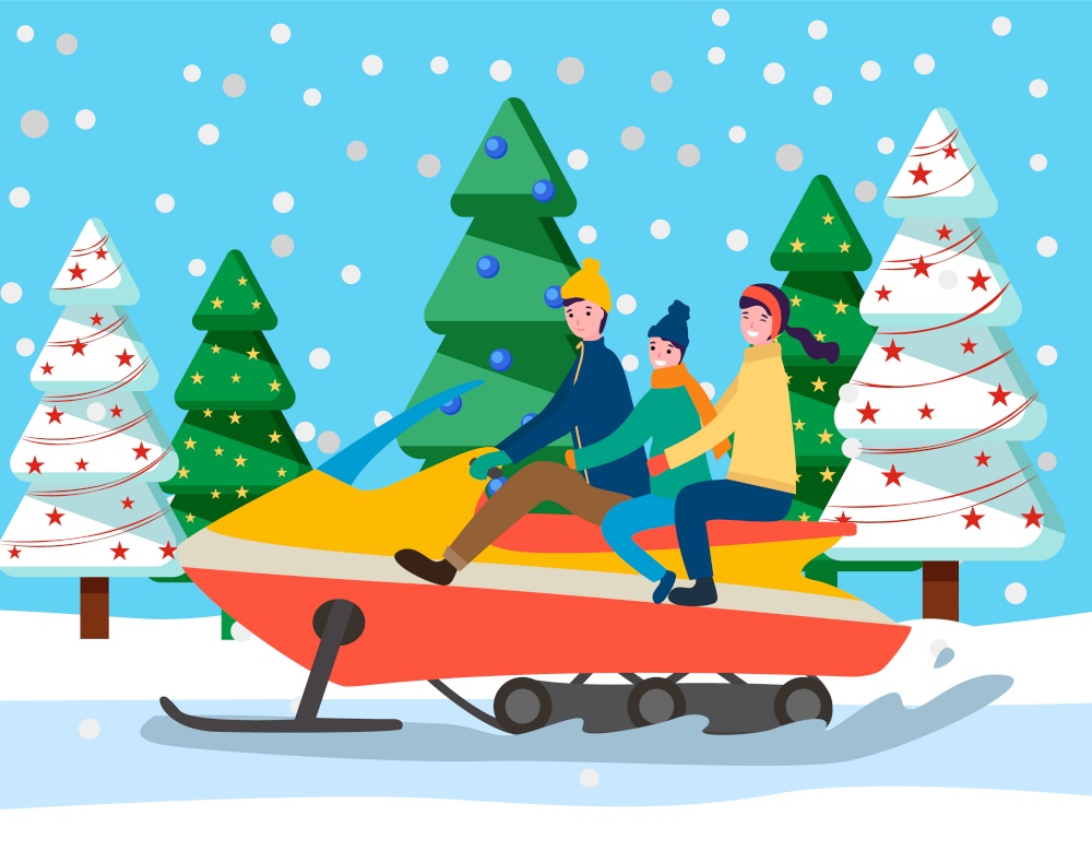 Smiling family sitting on sleigh car and riding near fir-trees with garlands. People going in snow-falling weather. Happy parents and child driving winter auto and traveling near snowy spruce. Family Traveling on Sleigh Car in Forest Vector