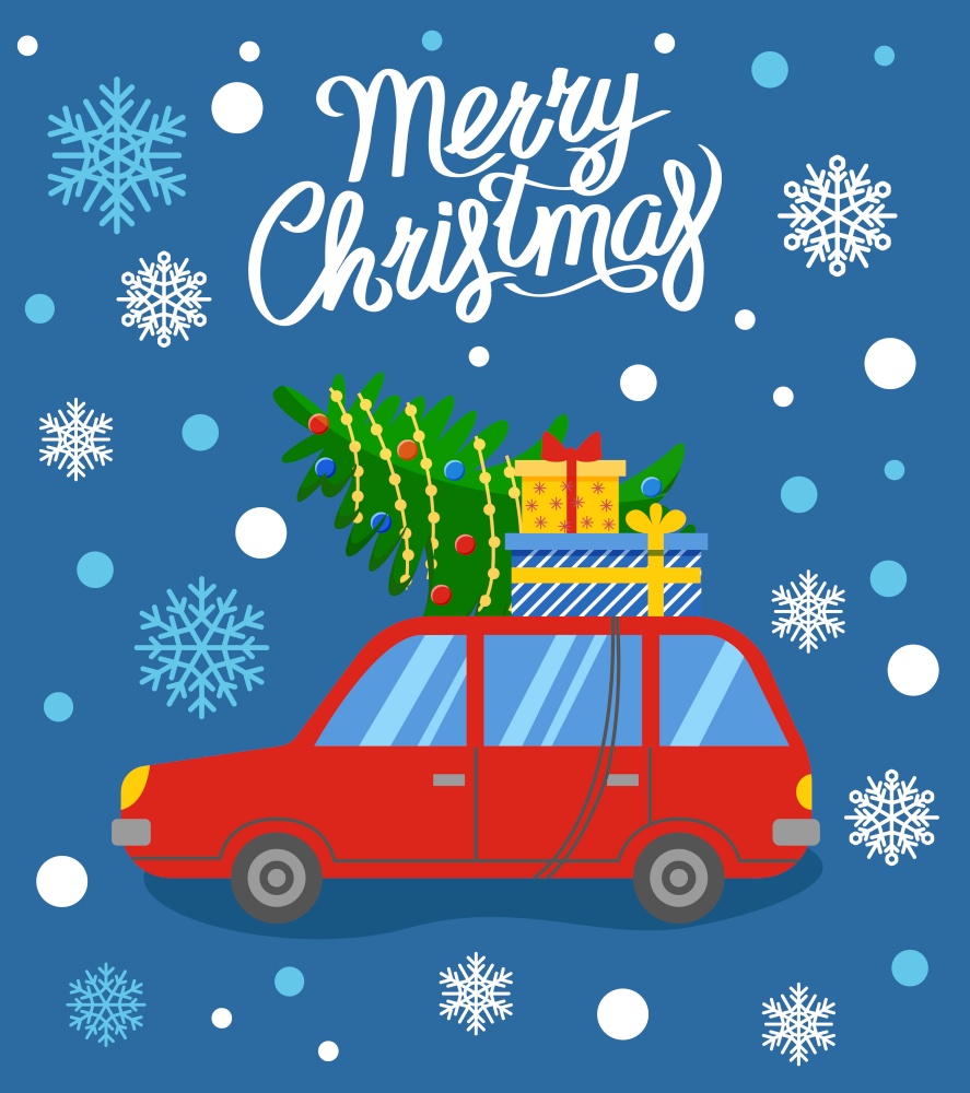 Merry christmas greeting card, red retro car loaded with presents and pine tree. Decorated spruce with garlands and gifts in boxes. Automobile in snowy weather, winter holidays preparation vector. Merry Christmas Car with Presents and Pine Tree