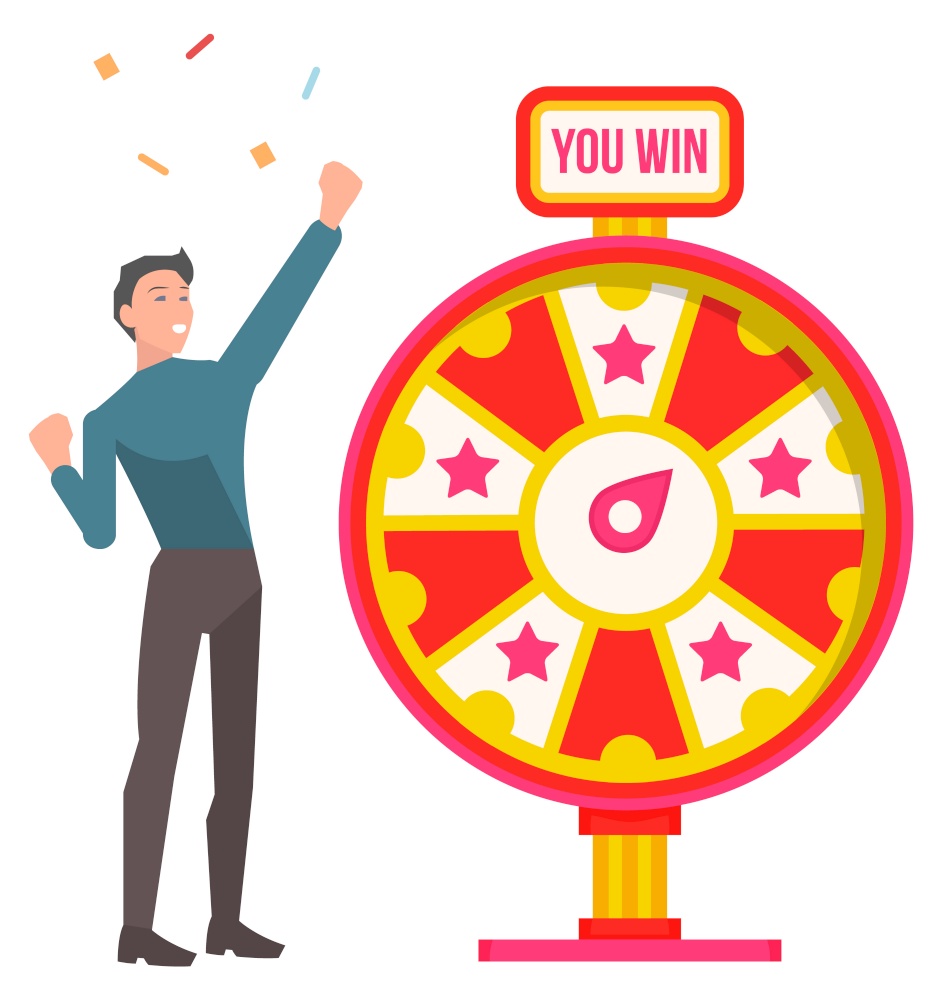 Fortune wheel and win, man winner and confetti vector. Money or prize, guy in winning pose and color cirle or roulette, opportunity and luck, victory. Wheel with text you win. Man celebrate jackpot. Win and Fortune Wheel, Man Winner and Confetti