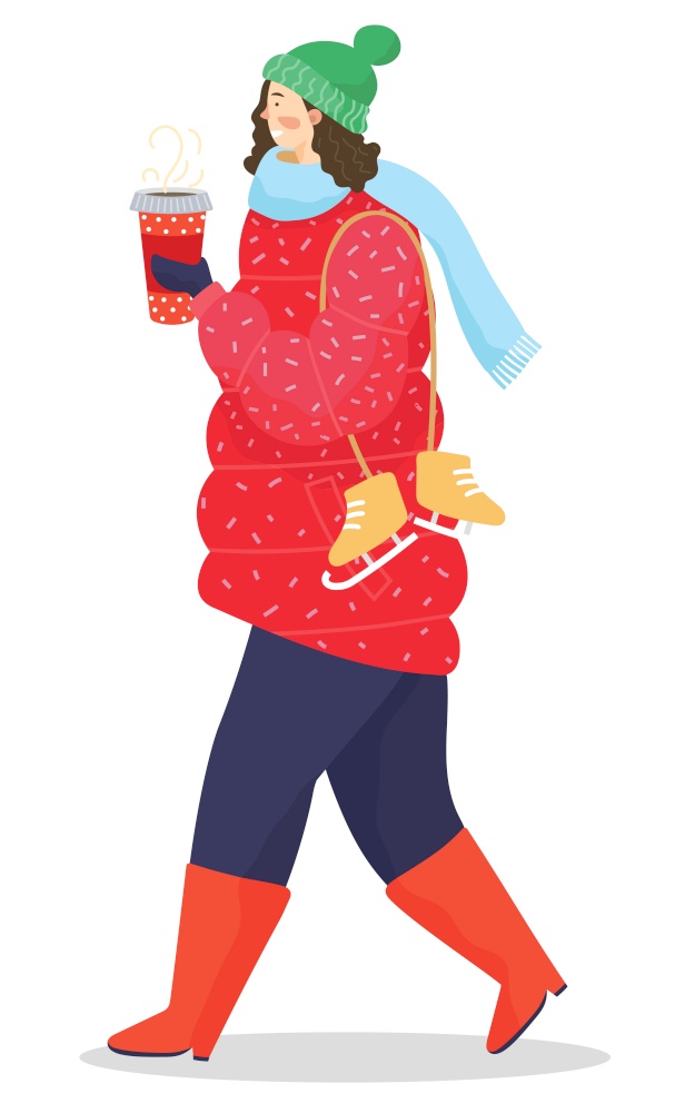 Female character walking at street wearing winter clothes and drinking hot tea or coffee. Lady with skating shoes enjoying hot beverage from plastic cup. Personage in wellingtons, vector in flat. Woman Drinking Coffee and Wearing Warm Clothes