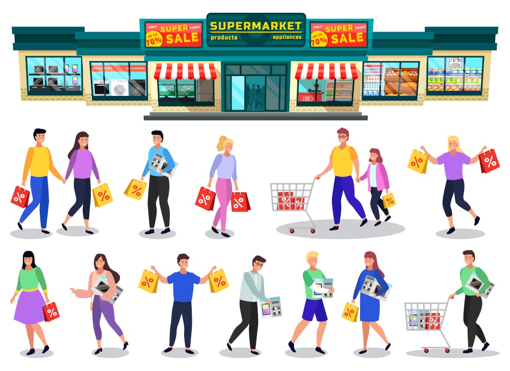 Set of clients of supermarket holding purchased items. Exterior of hypermarket and isolated characters with bags and trolley. Father and daughter, couple and personage with microwave oven vector. Supermarket Exterior and Set of Shopping People