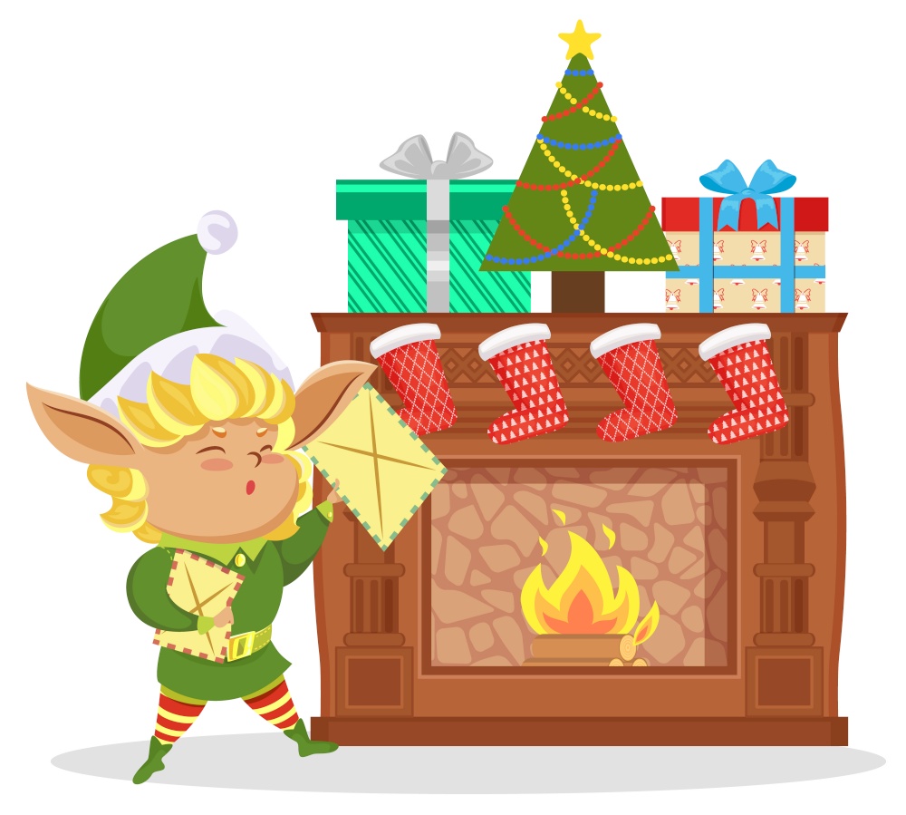 Elf near fireplace, christmas eve. Fairy character stand in living room and hold letter with xmas wishes. Boxes, red socks with gifts and decoration fir tree on hearth. Vector illustration in flat. Elf in Living Room, Socks and Gifts on Fireplace