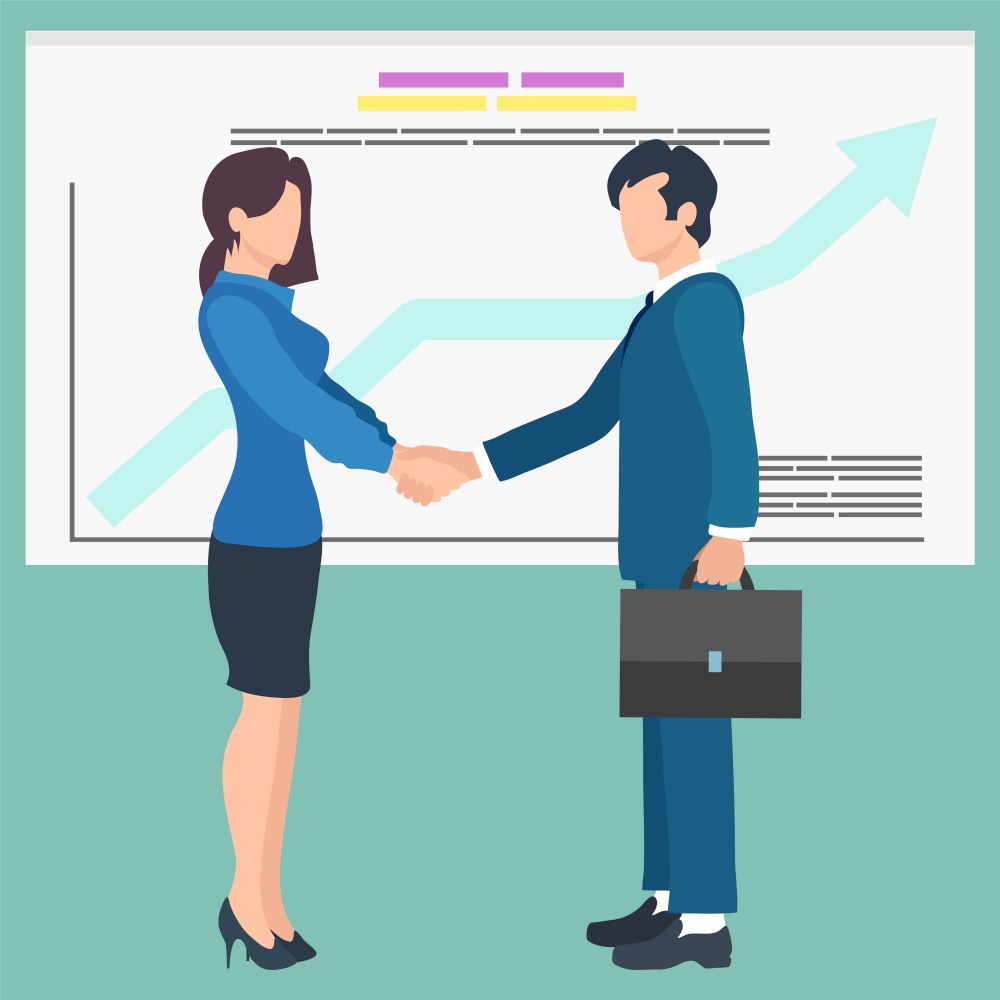 Business people shaking hands. Male and female office workers or colleagues cooperation and agreement. Rising statistics, infographic vector illustration. Business People Shaking Hands, Agreement Vector