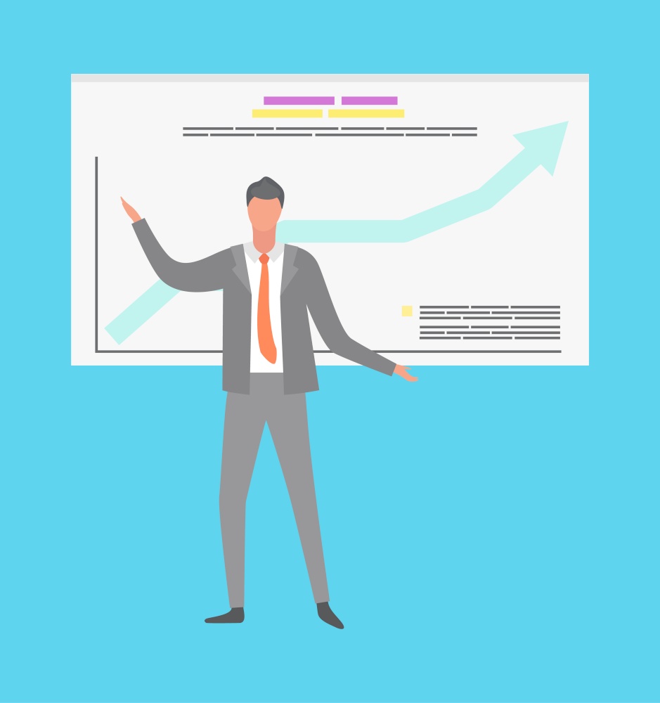 Whiteboard with infographics rising arrow vector. Male wearing formal suit, talking about conducted research, businessman giving presentation on meeting. Businessman on Presentation, Speaker with Board