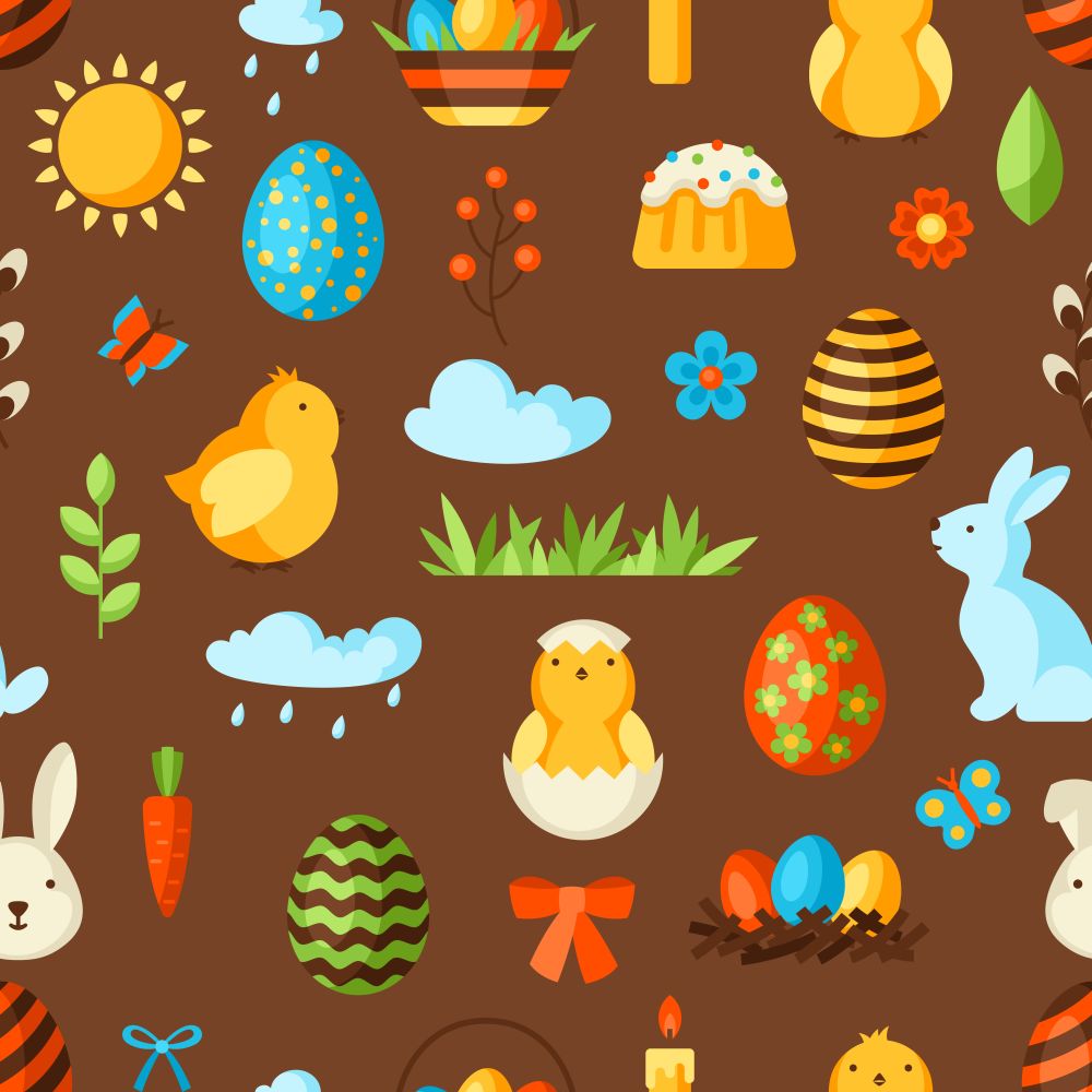 Happy Easter seamless pattern with holiday items. Decorative symbols and objects, eggs, bunnies.. Happy Easter seamless pattern with holiday items.