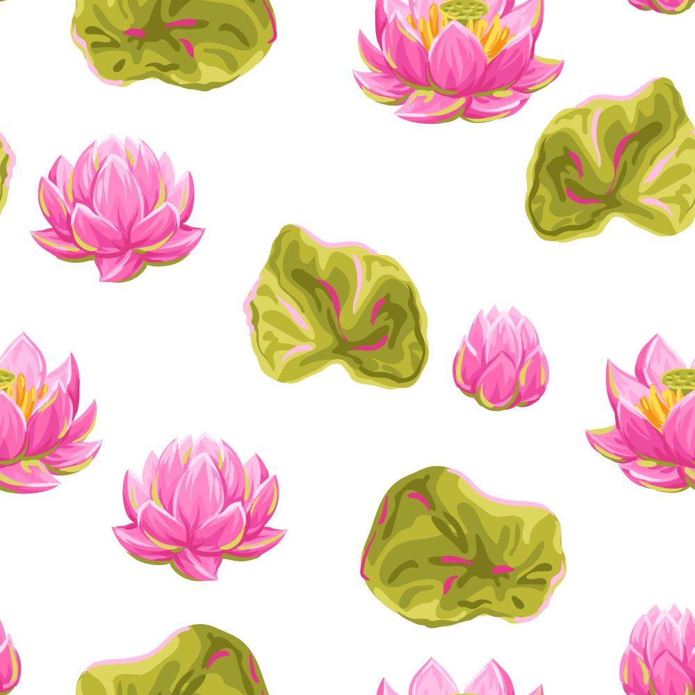 Seamless pattern with lotus flowers. Water lily decorative illustration. Natural tropical plants.. Seamless pattern with lotus flowers. Water lily decorative illustration.