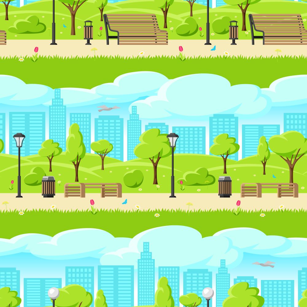 Seamless pattern with beautiful summer or spring city park. Urban public space with lawn and trees for walking and relaxing.. Seamless pattern with beautiful summer or spring city park.