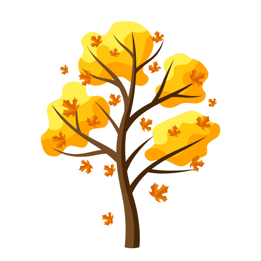 Autumn tree with falling leaves. Natural seasonal decorative illustration.. Autumn tree with falling leaves.