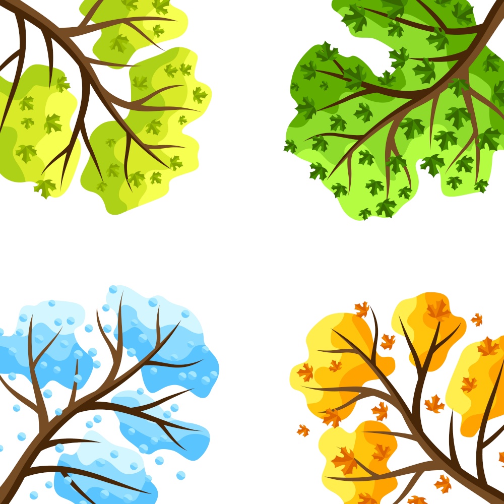 Four seasons trees background. Illustration of tree in winter, spring, summer, autumn.. Four seasons trees background.