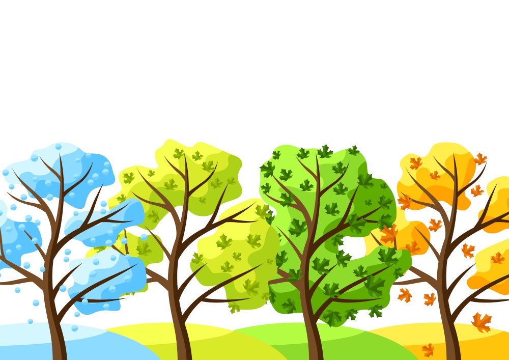 Four seasons trees background. Illustration of tree in winter, spring, summer, autumn.. Four seasons trees background.