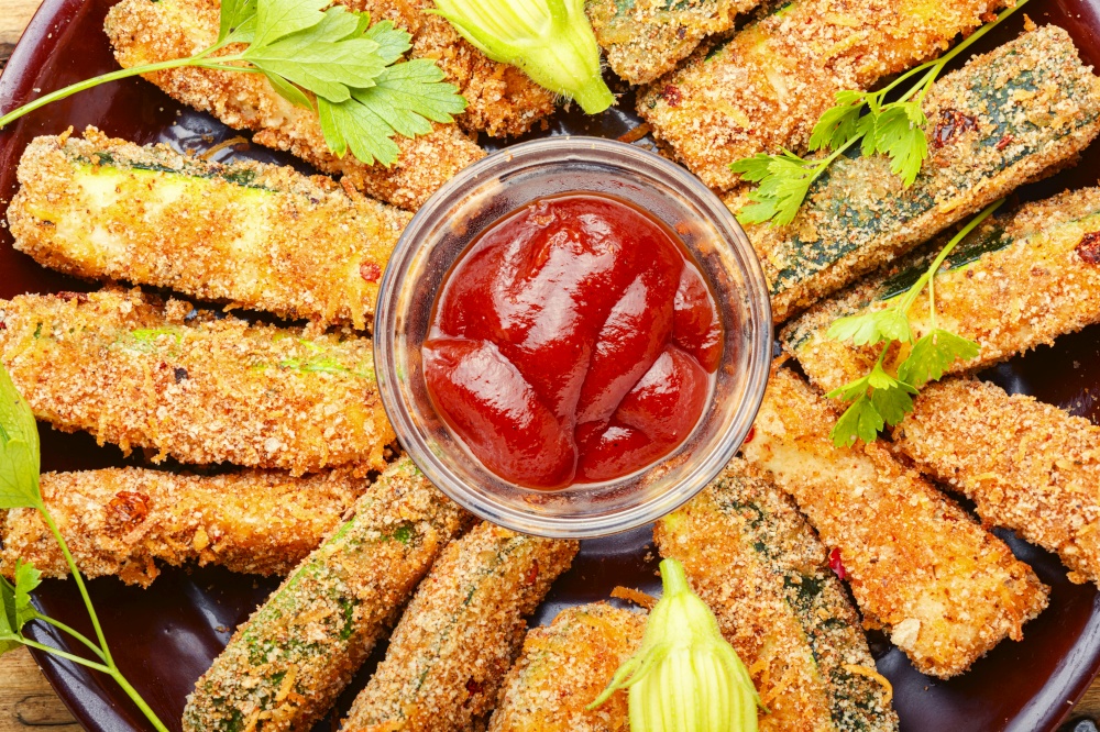 Baked zucchini sticks with sauces,roasted zucchini.Breaded fried zucchini.Vegan food. Baked zucchini sticks
