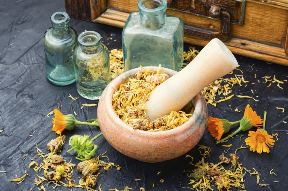 Calendula or marigold dry.Mortar with healing herbs.Herbal medicine. Dried calendula flower