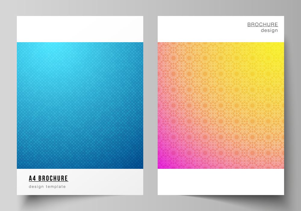 The vector layout of A4 format modern cover mockups design templates for brochure, magazine, flyer, booklet, annual report. Abstract geometric pattern with colorful gradient business background. The vector layout of A4 format modern cover mockups design templates for brochure, magazine, flyer, booklet, annual report. Abstract geometric pattern with colorful gradient business background.