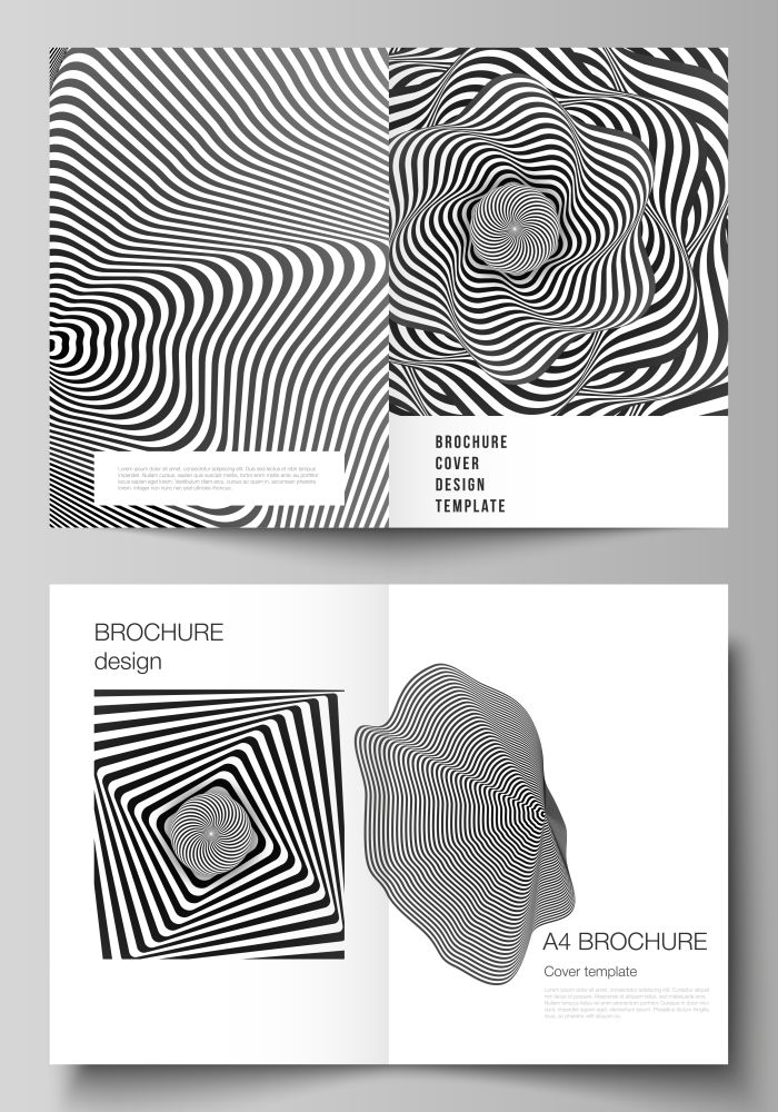 Vector layout of two A4 format modern cover mockups design templates for bifold brochure, flyer, booklet, report. Abstract 3D geometrical background with optical illusion black design pattern. Vector layout of two A4 format modern cover mockups design templates for bifold brochure, flyer, booklet, report. Abstract 3D geometrical background with optical illusion black design pattern.
