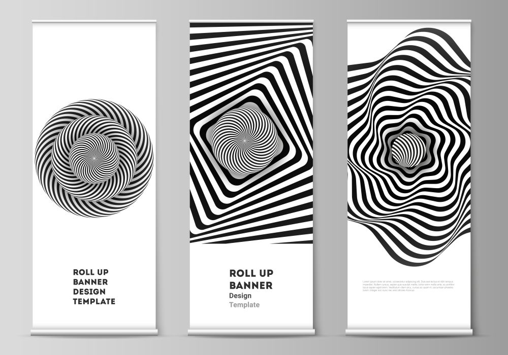 The vector illustration layout of roll up banner stands, vertical flyers, flags design business templates. Abstract 3D geometrical background with optical illusion black and white design pattern. The vector illustration layout of roll up banner stands, vertical flyers, flags design business templates. Abstract 3D geometrical background with optical illusion black and white design pattern.