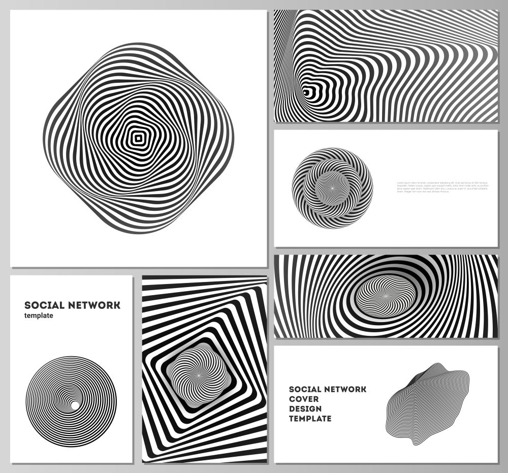 The minimalistic abstract vector layouts of modern social network mockups in popular formats. Abstract 3D geometrical background with optical illusion black and white design pattern. The minimalistic abstract vector layouts of modern social network mockups in popular formats. Abstract 3D geometrical background with optical illusion black and white design pattern.