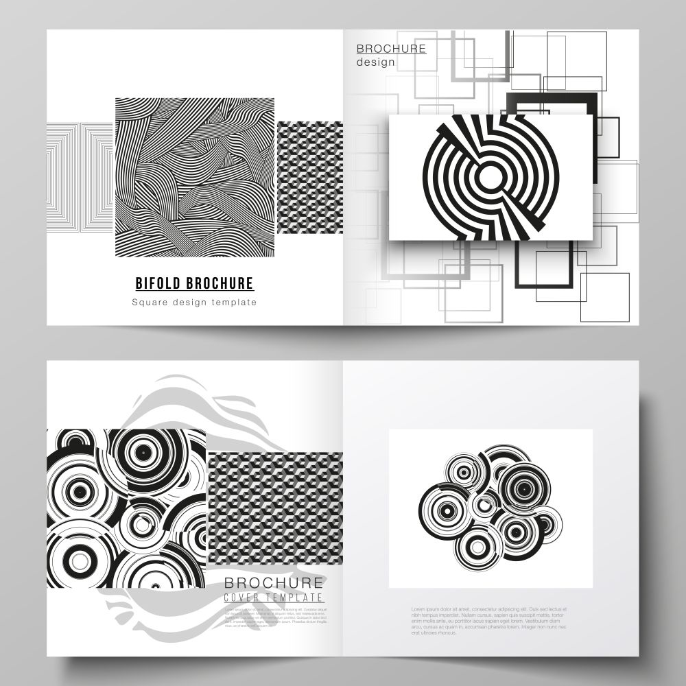The vector layout of two covers templates for square design bifold brochure, magazine, flyer, booklet. Trendy geometric abstract background in minimalistic flat style with dynamic composition. The vector layout of two covers templates for square design bifold brochure, magazine, flyer, booklet. Trendy geometric abstract background in minimalistic flat style with dynamic composition.