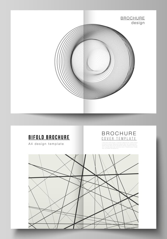 Vector layout of two A4 format modern cover mockups design templates for bifold brochure, magazine, flyer. Geometric background, futuristic science and technology concept for minimalistic design. Vector layout of two A4 format modern cover mockups design templates for bifold brochure, magazine, flyer. Geometric background, futuristic science and technology concept for minimalistic design.