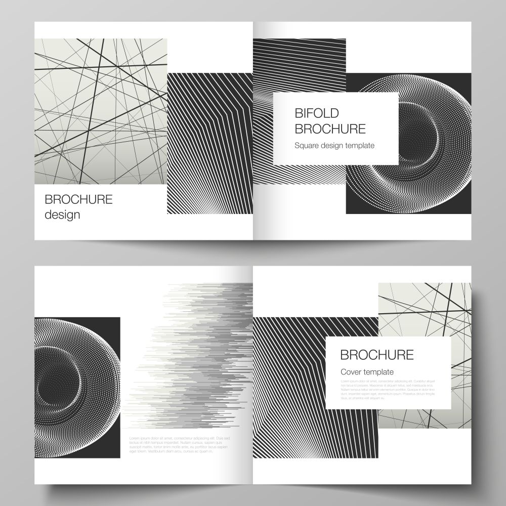 The vector layout of two covers templates for square design bifold brochure, magazine, flyer, booklet. Geometric abstract background, futuristic science and technology concept for minimalistic design. The vector layout of two covers templates for square design bifold brochure, magazine, flyer, booklet. Geometric abstract background, futuristic science and technology concept for minimalistic design.