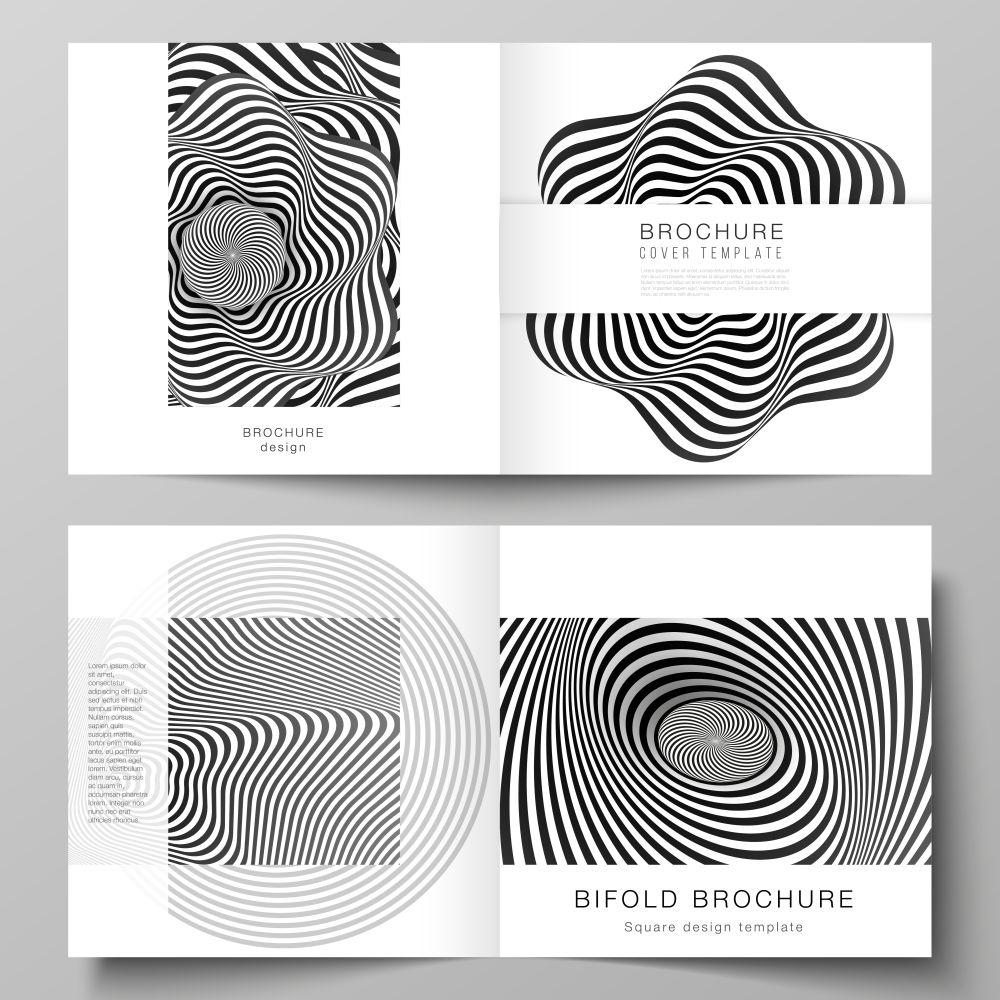 The vector layout of two covers templates for square design bifold brochure, magazine, flyer, booklet. Abstract 3D geometrical background with optical illusion black and white design pattern. The vector layout of two covers templates for square design bifold brochure, magazine, flyer, booklet. Abstract 3D geometrical background with optical illusion black and white design pattern.