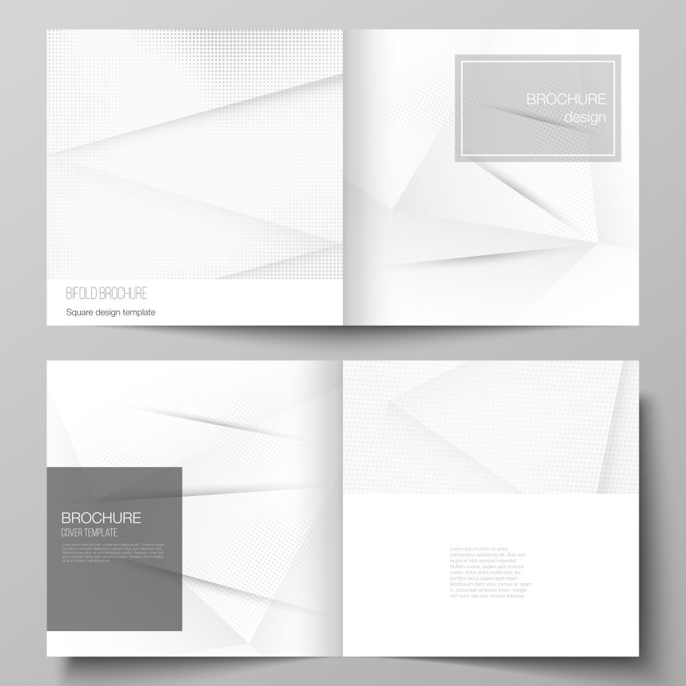 Vector layout of two covers templates for square design bifold brochure, magazine, cover design, book design, brochure cover. Halftone dotted background with gray dots, abstract gradient background.. Vector layout of two covers templates for square design bifold brochure, flyer, cover design, book design, brochure cover. Halftone dotted background with gray dots, abstract gradient background.