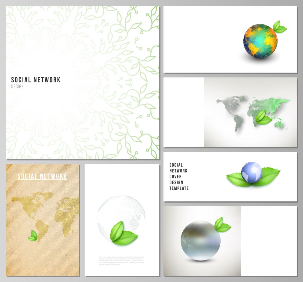 Vector layouts of modern social network mockups in popular formats for cover design, website design, website backgrounds. Save Earth planet concept. Sustainable development global business concept. Vector layouts of modern social network mockups in popular formats for cover design, website design, website backgrounds. Save Earth planet concept. Sustainable development global business concept.