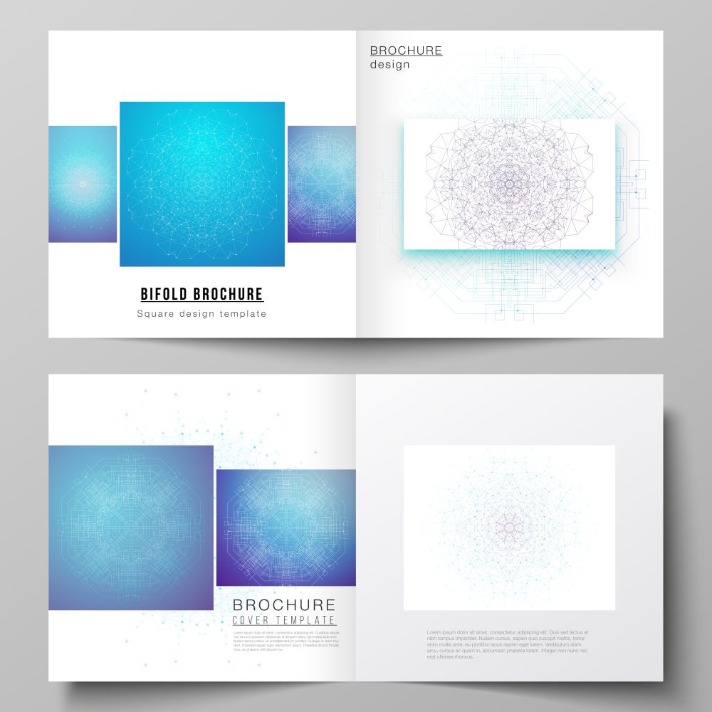 The vector editable layout of two covers templates for square design bifold brochure, magazine, flyer, booklet. Big Data Visualization, geometric communication background with connected lines and dots. The vector layout of two covers templates for square design bifold brochure, magazine, flyer, booklet. Big Data Visualization, geometric communication background with connected lines and dots.