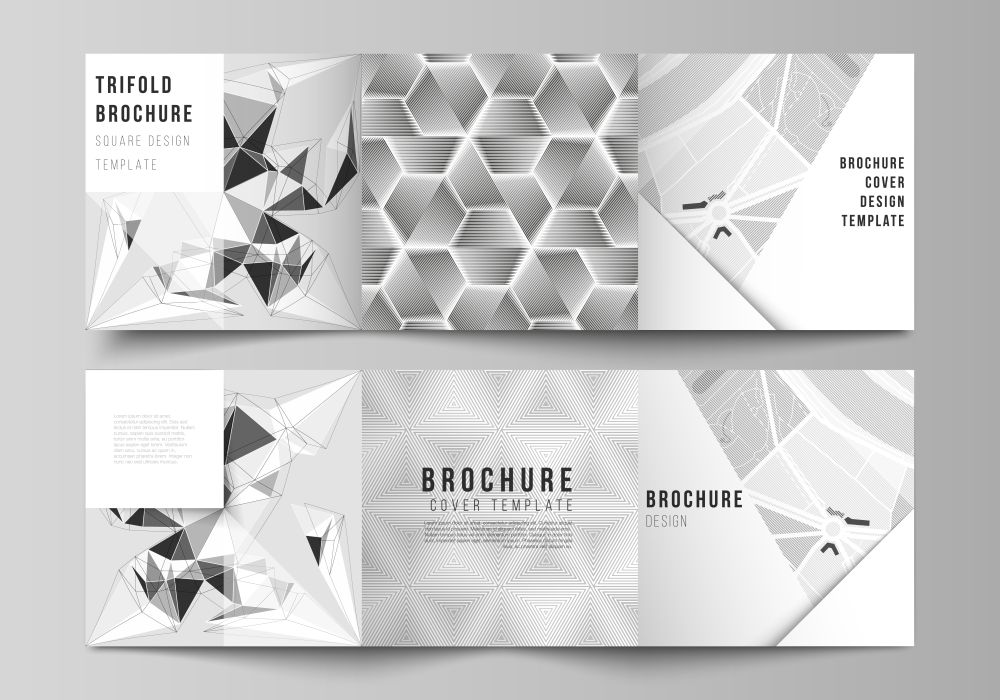 Minimal vector editable layout of square format covers design templates for trifold brochure, flyer, magazine. Abstract geometric triangle design background using different triangular style patterns. Minimal vector editable layout of square format covers design templates for trifold brochure, flyer, magazine. Abstract geometric triangle design background using different triangular style patterns.