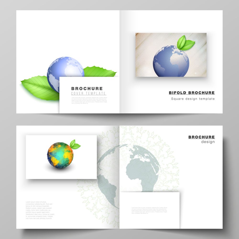 Vector layout of two covers templates for square design bifold brochure, flyer, cover design, book design, brochure cover. Save Earth planet concept. Sustainable development global business concept.. Vector layout of two covers templates for square design bifold brochure, flyer, cover design, book design, brochure cover. Save Earth planet concept. Sustainable development global business concept