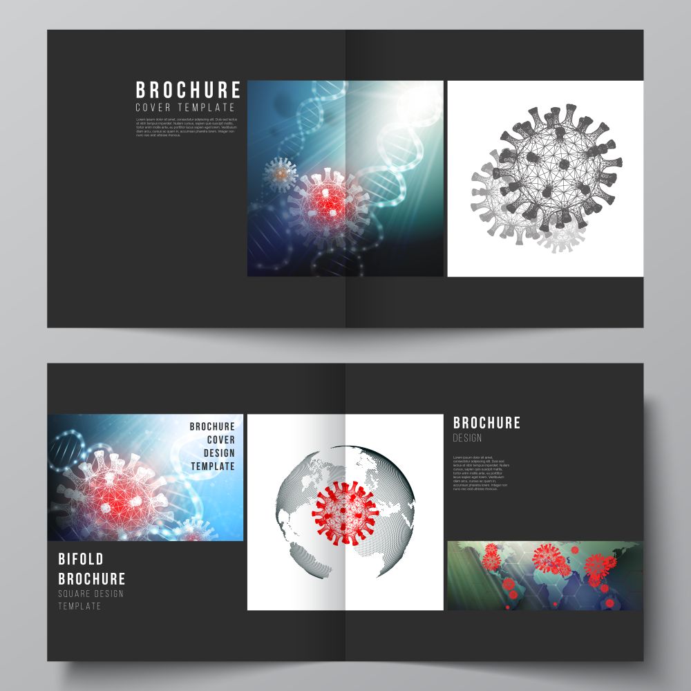 Vector layout of two cover templates for square bifold brochure, flyer, cover design, book design, brochure cover. 3d medical background of corona virus. Covid 19, coronavirus infection. Virus concept.. Vector layout of two cover templates for square bifold brochure, flyer, cover design, book design, brochure cover. 3d medical background of corona virus. Covid 19, coronavirus infection. Virus concept