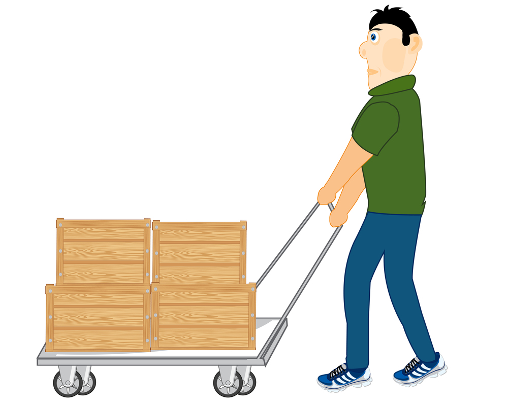 Man longshoremen carries on pushcart boxes on white background. Cartoon men worker carrying boxes on pushcart
