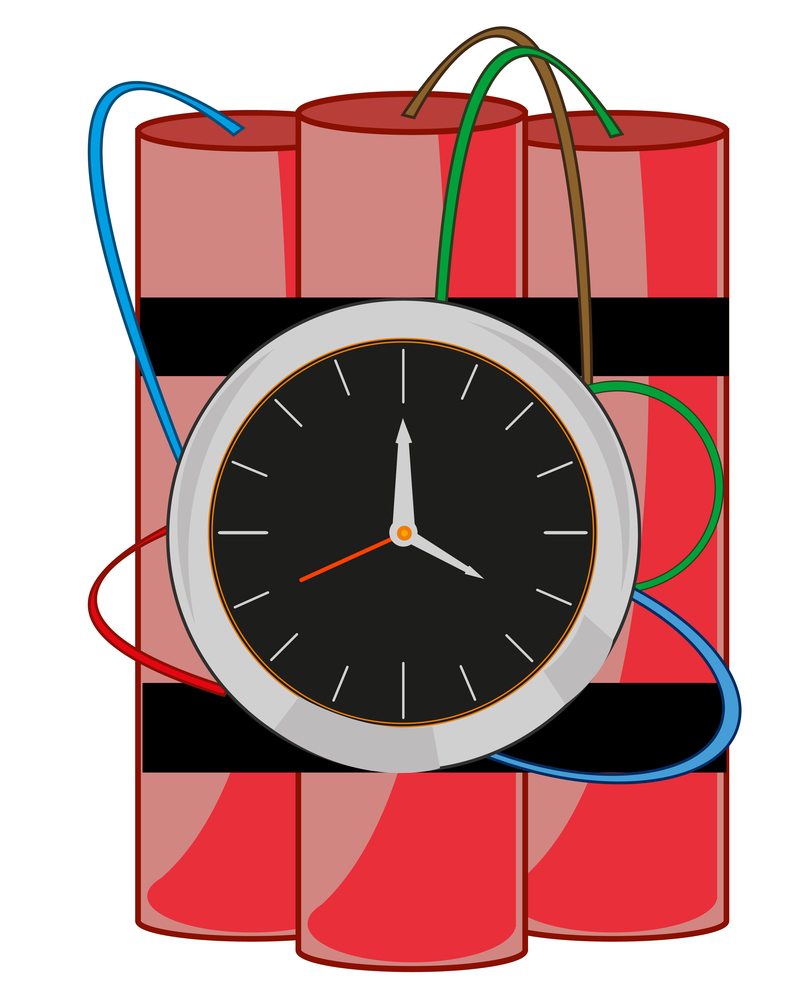 Vector illustration explosive device with delayed-action clockwork. Bomb with clockwork on white background is insulated