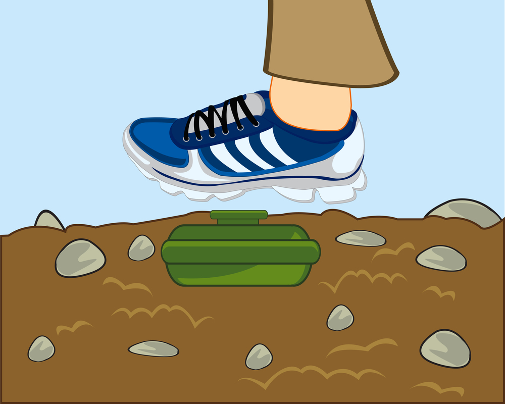 Vector illustration of the mine in ground and legs of the person. Installed mine and leg of the person