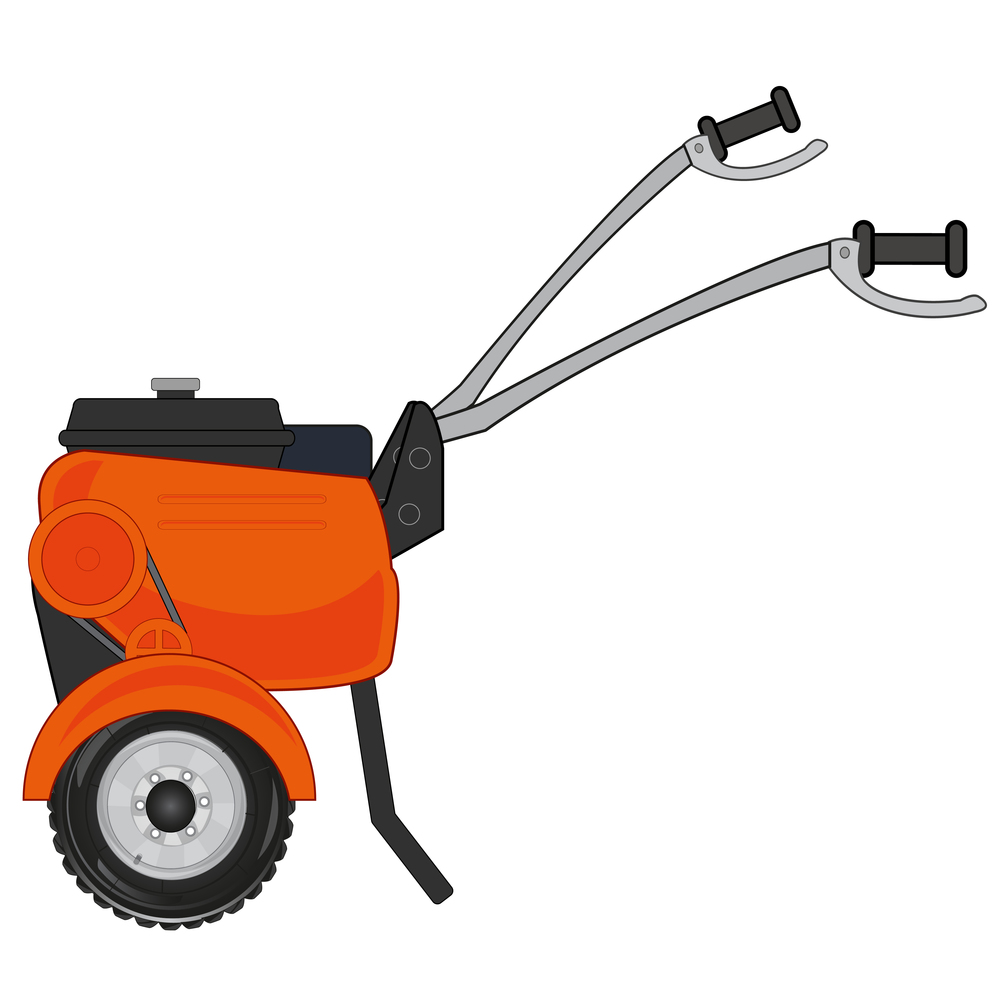Technology for vegetable garden and garden walking tractor on white background is insulated. Walking tractor cartoon for garden and vegetable garden