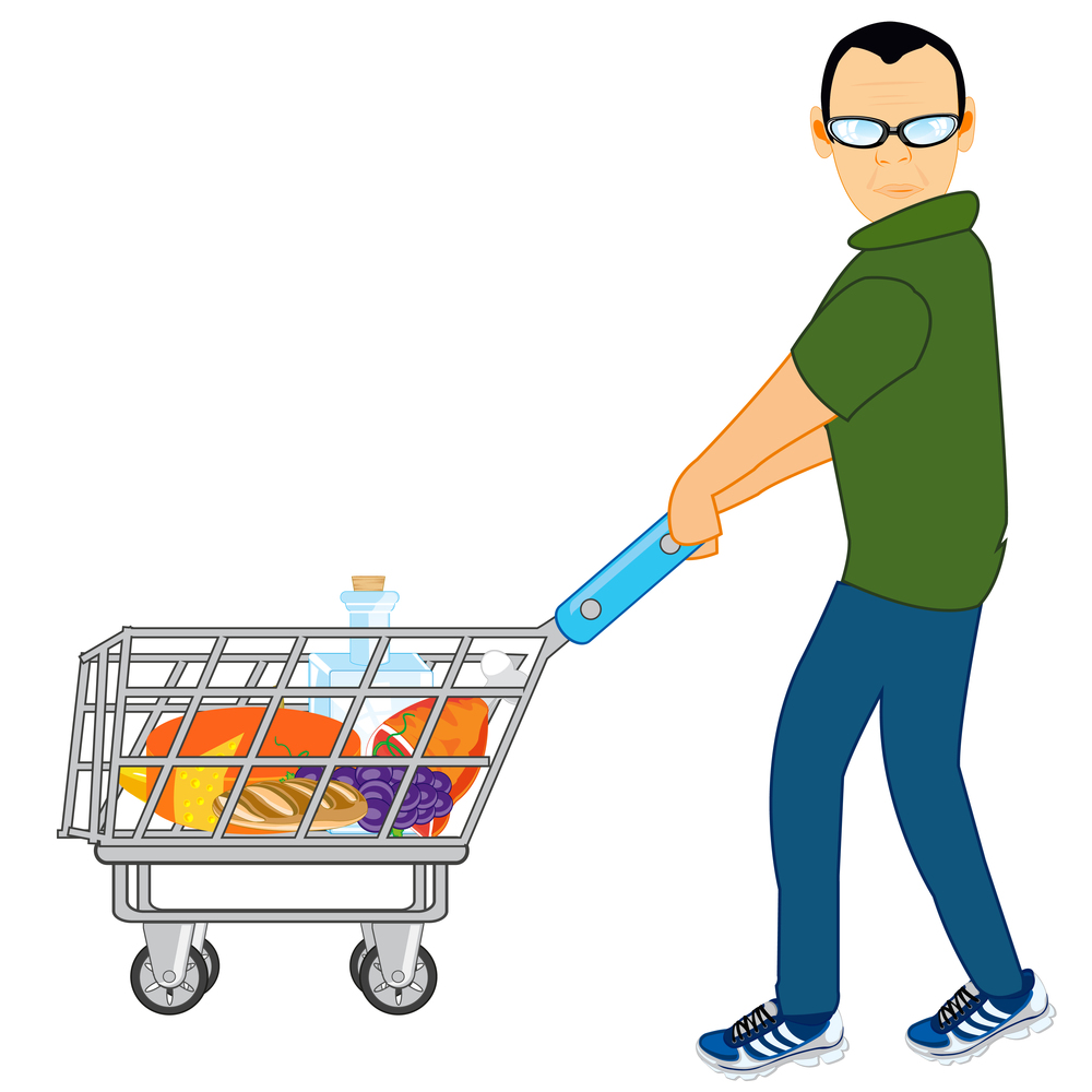 Cartoon of the person with basket of the products on white background is insulated. Man with pushcart pervaded product in shop