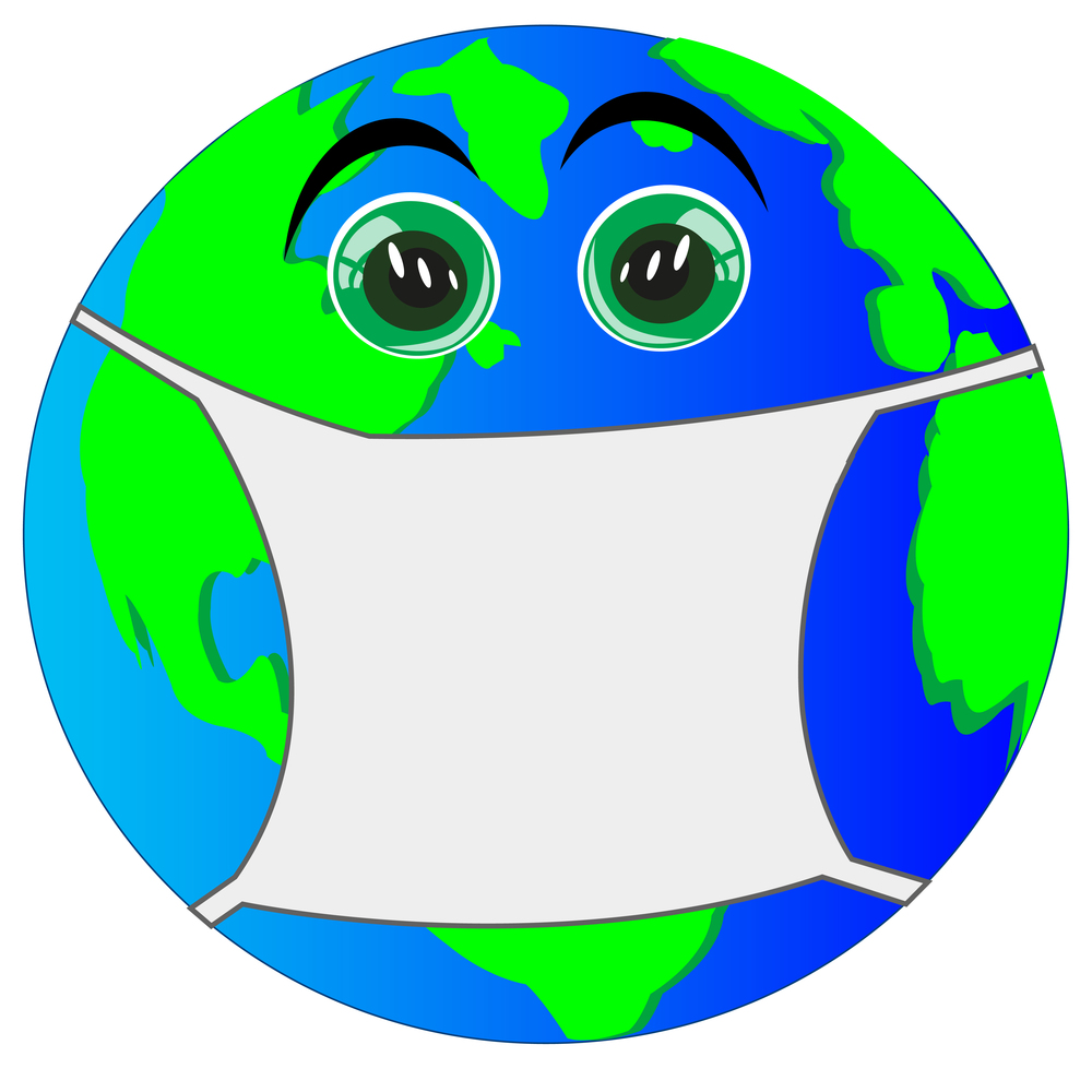 Earth with virus protection mask. Coronavirus 2019-nCoV alert vector illustration.. Cartoon of the planet land in defensive armband from virus