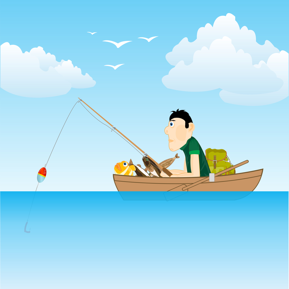 Vector illustration of the cartoon of the fisherman in boat on sea. Sea and fisherman in boat goes fishing