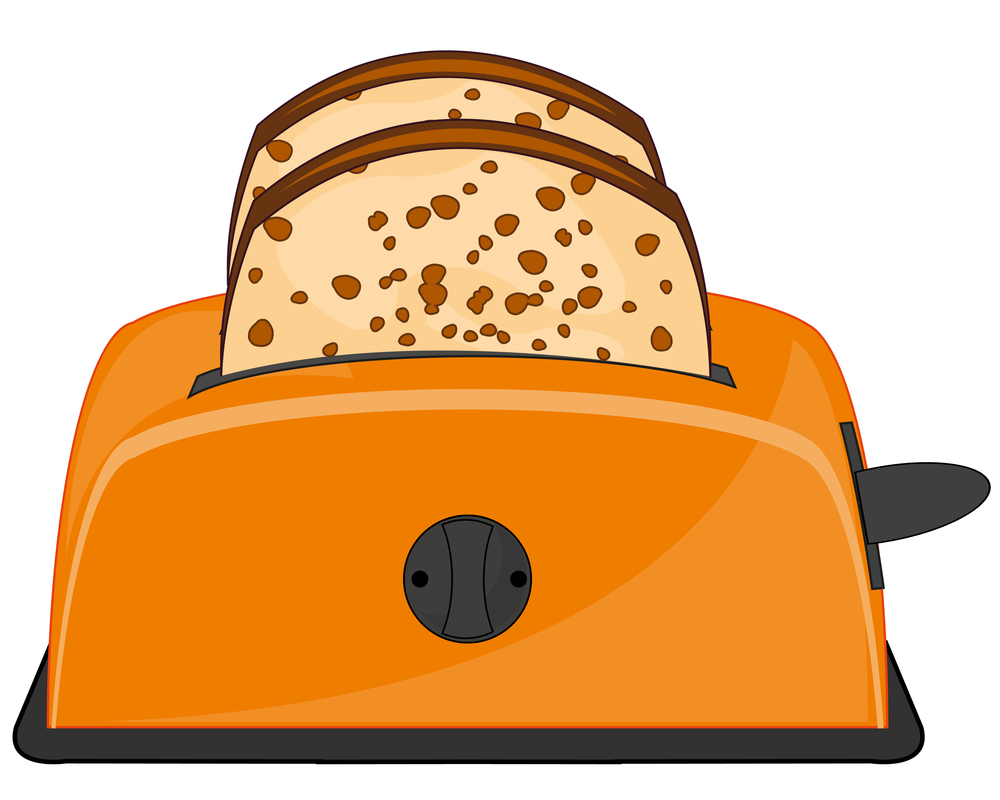 Kitchen bread toaster with fresh toasted bread inside. Tools for kitchen toaster on white background is insulated