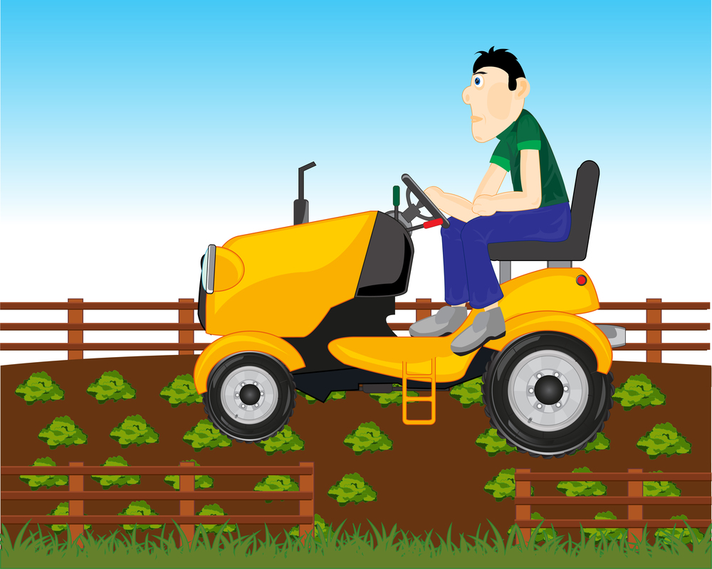 Vector illustration of the cartoon of the garden tractor processing ground on area. Man farmer on garden tractor in vegetable garden