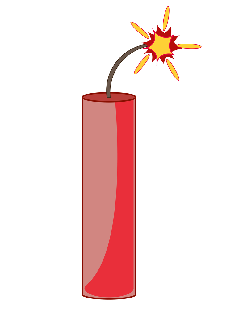 Propellent dynamite with alight wick on white background is insulated. Cartoon of the propellent dynamite with burning wick