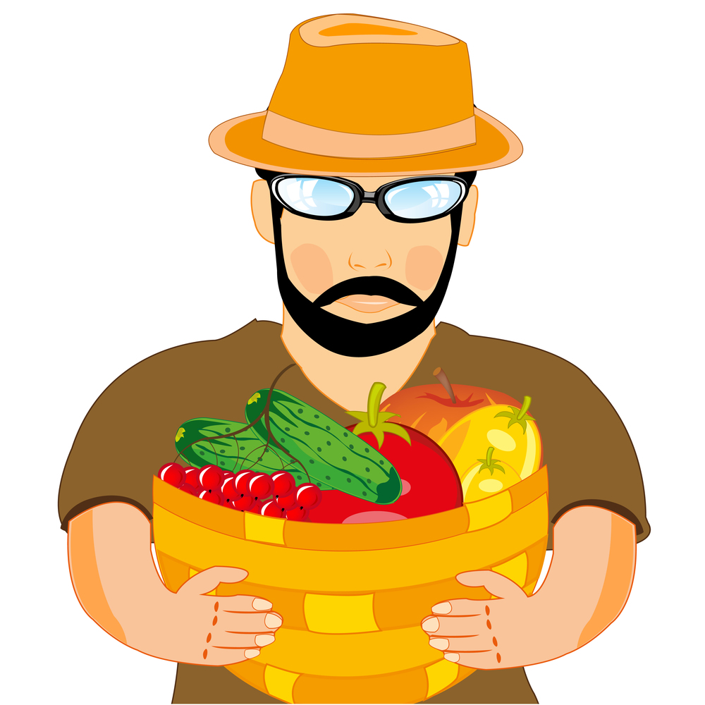 Vector illustration of the person with basket full fruit on white background is insulated. Man farmer with harvest fruit in basket