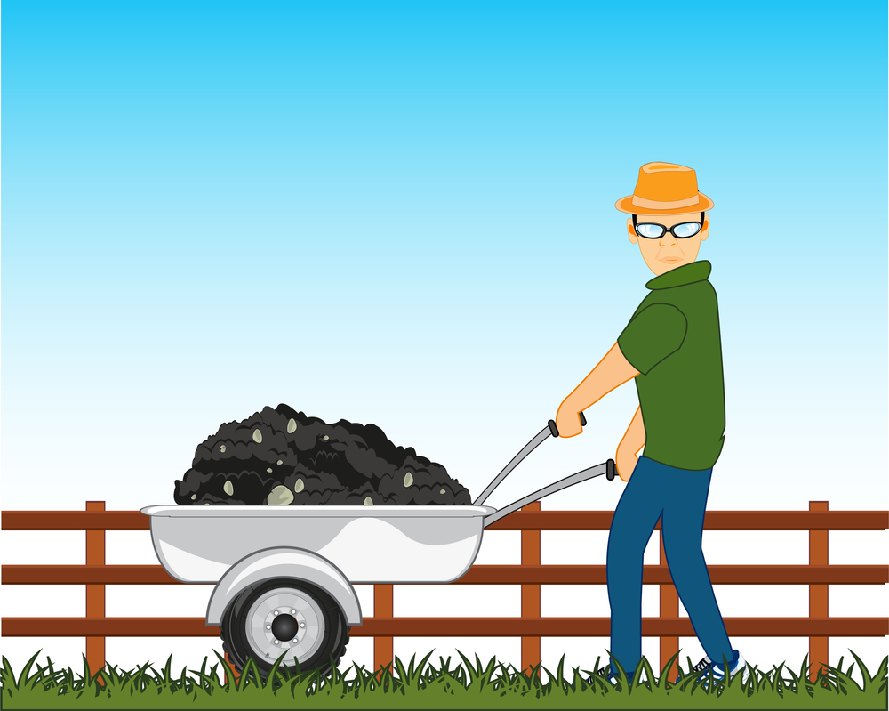 Vector illustration of the farmer with pushcart working at area. Worker with cart by pervaded ground in garden