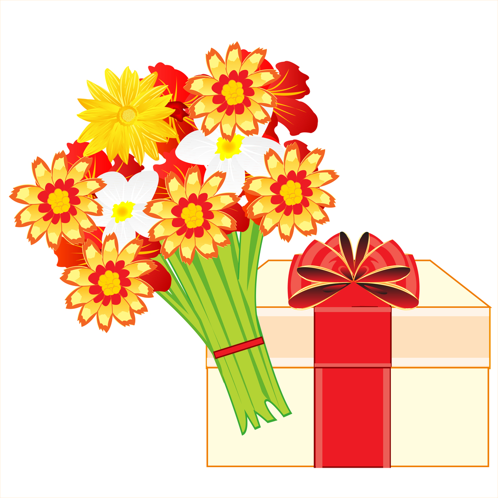 Much beautiful flowers and box gift on white background is insulated. Box with gift and bouquet beautiful flower